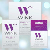 Boxes and a packet of Okamoto Wink Studded Condoms are displayed against a pastel background. The packaging is predominantly white and purple, highlighting "0.07mm thin" as a feature. Each pack specifies the number of lubricated premium male latex condoms inside.